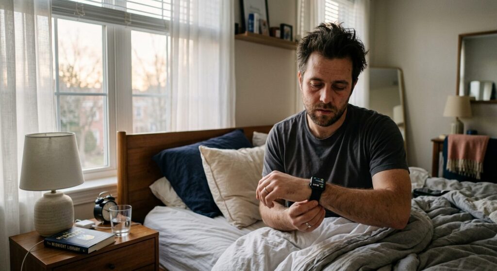 Træningsbegeistret mand i soveværelse der måler søvnkvalitet på smartwatch om morgenen