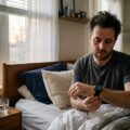 Træningsbegeistret mand i soveværelse der måler søvnkvalitet på smartwatch om morgenen
