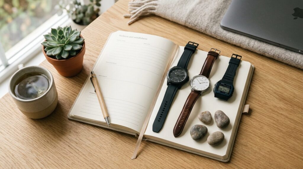 Flat lay composition featuring three diverse mens watches (
