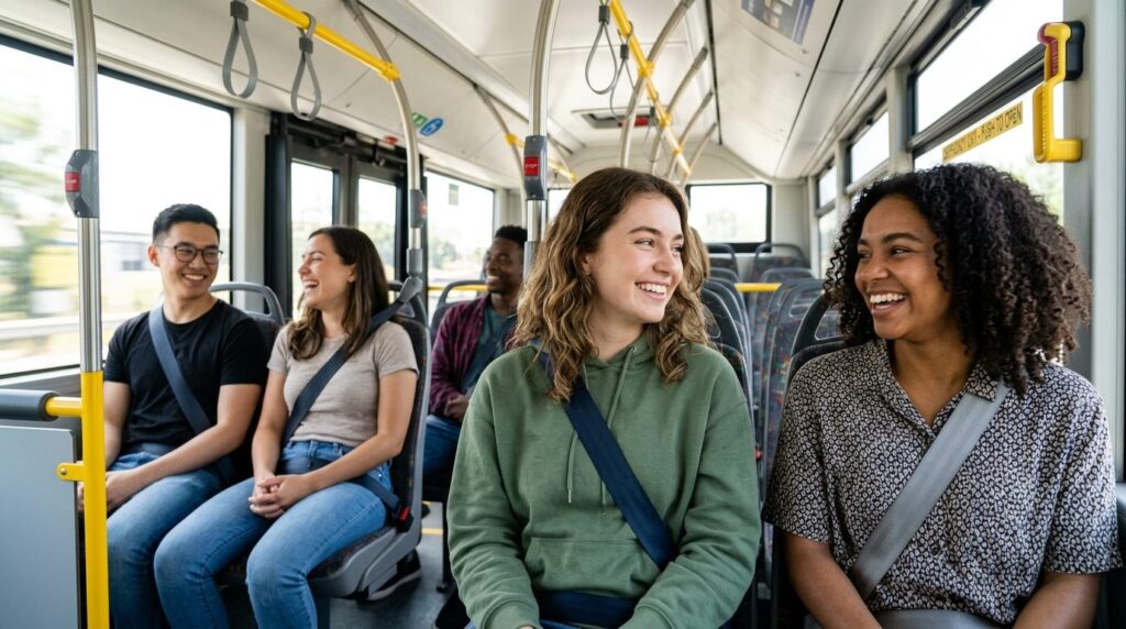 Photorealistic close-up of young adults in a bus interior we