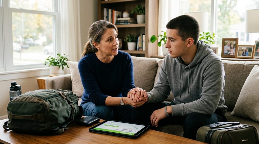 Professional safety-focused image of a concerned parent and 