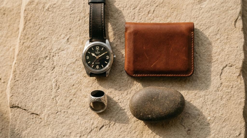 Flat lay composition of essential mens accessories on a nat