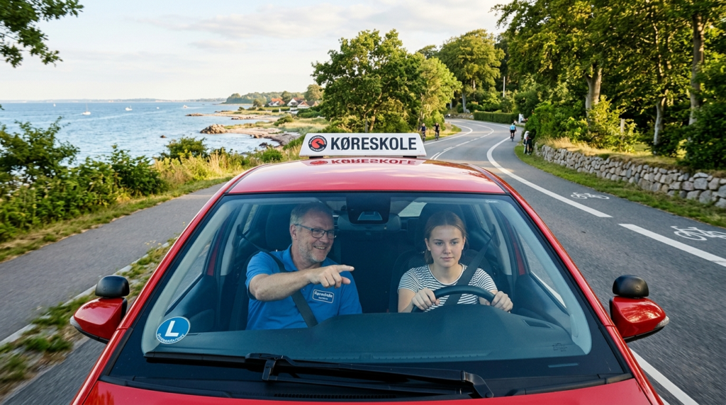 Overhead wide-angle shot of a driving instructor and young s