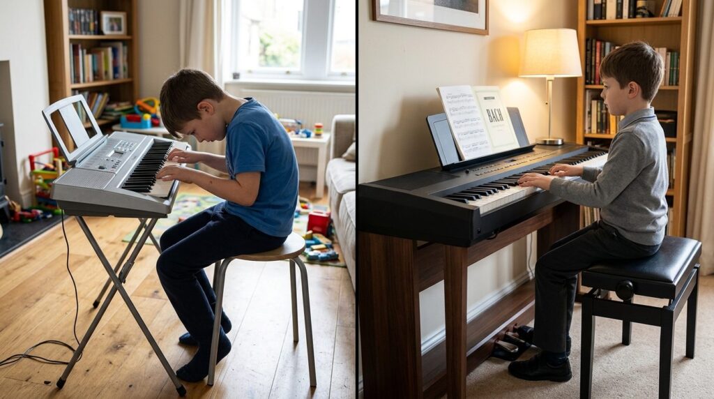 Split-screen comparison: left side shows a child with poor p