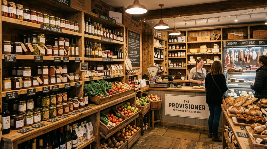 Artisanal delicatessen shop interior with wooden shelves dis