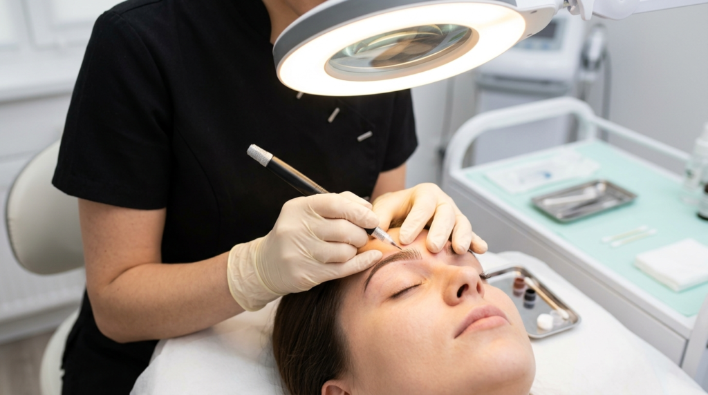 Close-up beauty shot: A skilled permanent makeup artists ha