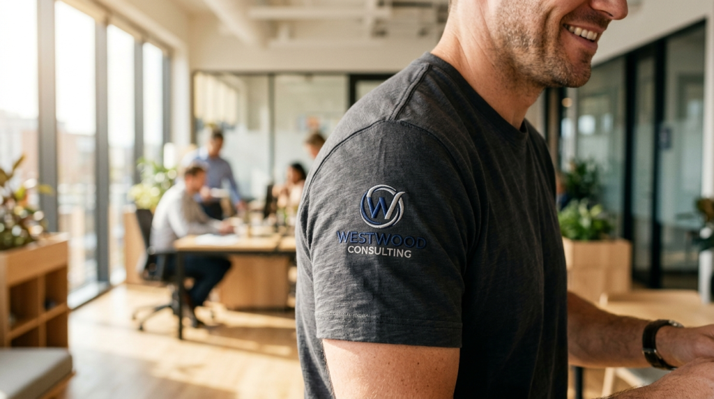 Close-up detail shot of a high-quality custom branded t-shir