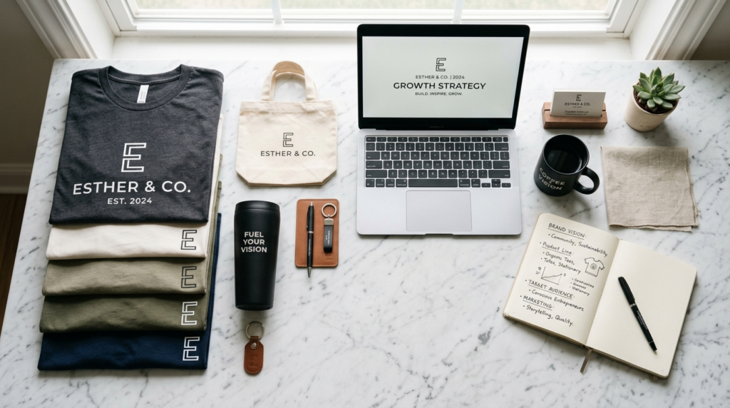 Aerial flat-lay composition of branded merchandise strategy 