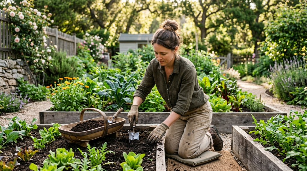 Serene garden scene, mindful gardener kneeling in raised bed