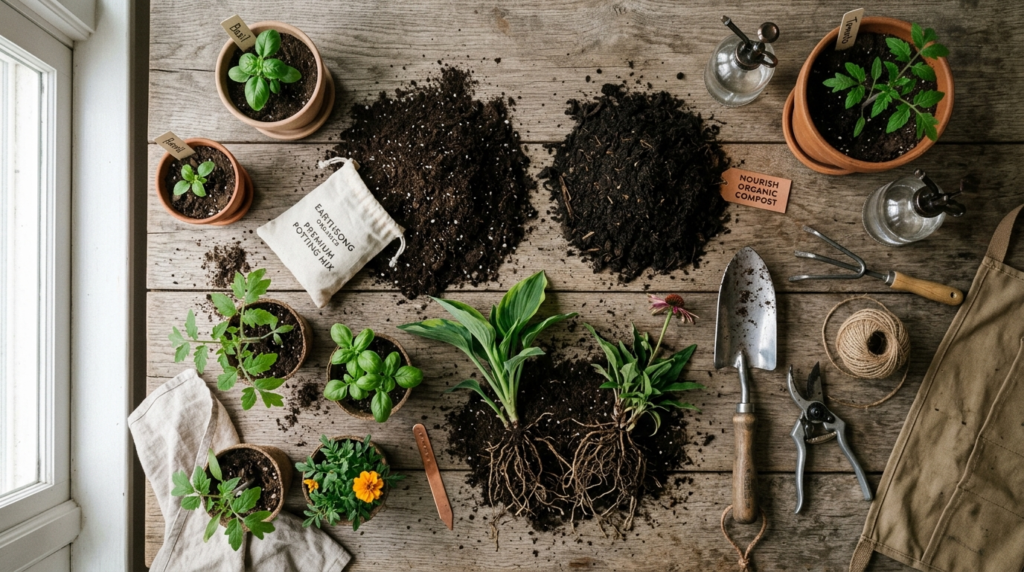Overhead flat lay composition of garden improvement elements