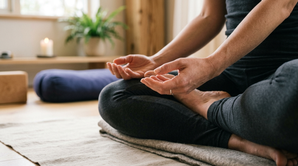 Close-up of a persons hands in a meditative resting positio