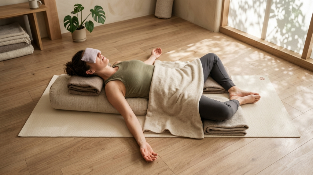 Overhead view of a woman lying in a supported yin yoga resto