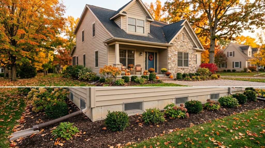 Autumn outdoor scene of a residential home exterior with sea
