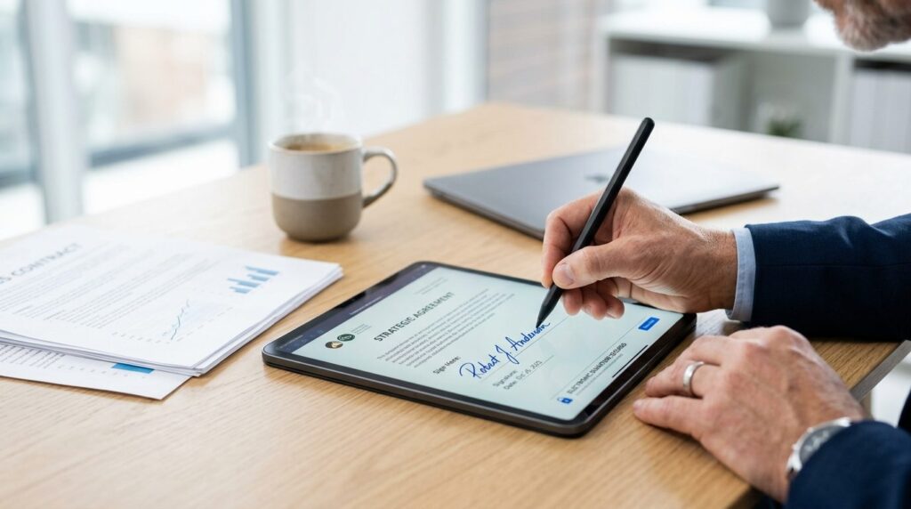 Close-up of a mature entrepreneurs hand using a digital pen