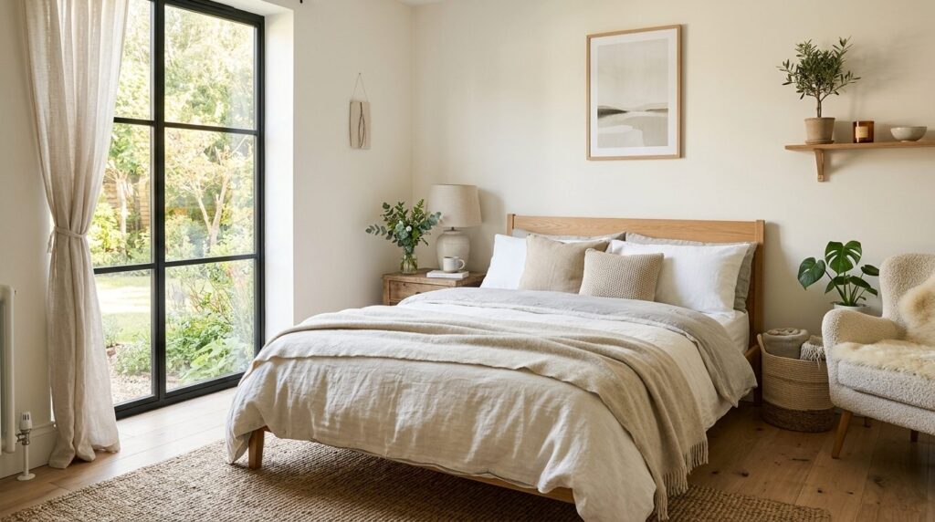 Serene bedroom interior photograph showcasing abundant natur