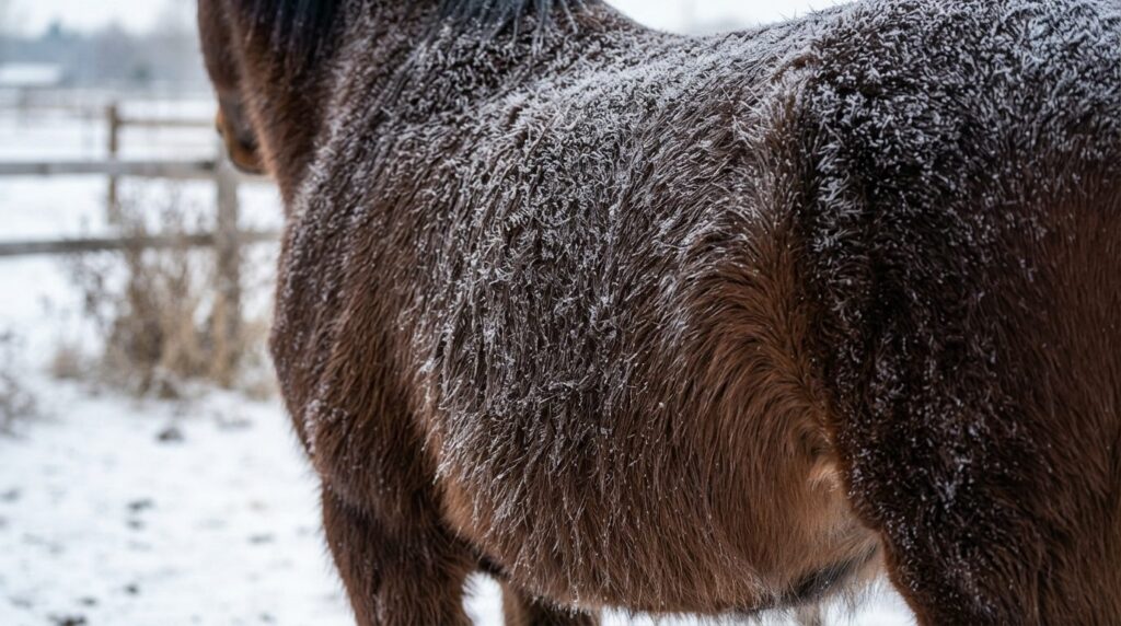 Close-up detail shot of a horses coat and body during winte