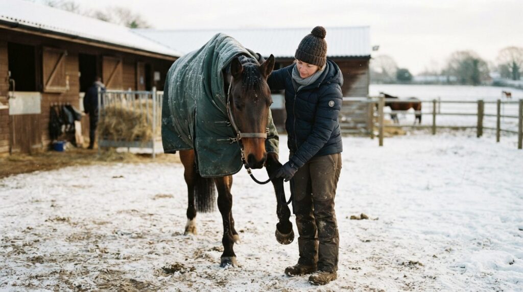 A horse owner in winter clothing standing beside their horse
