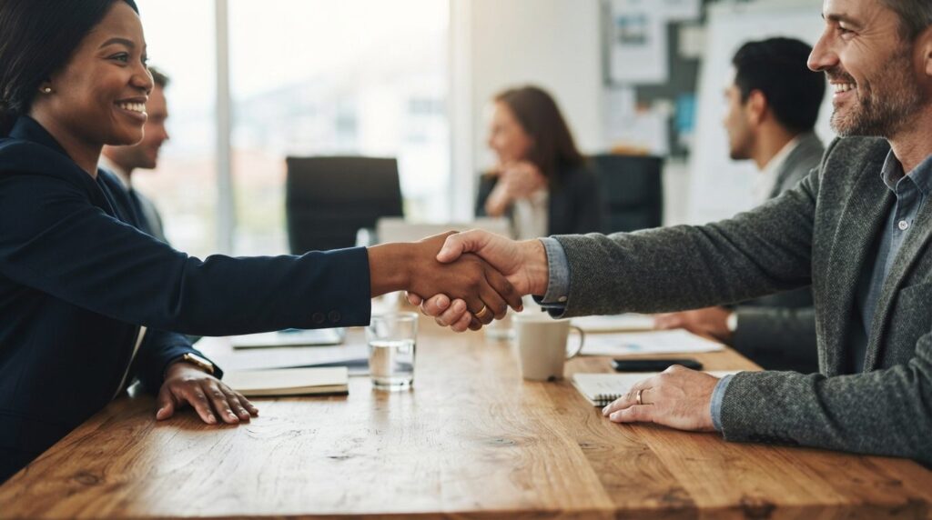 Close-up of diverse business partners shaking hands across w