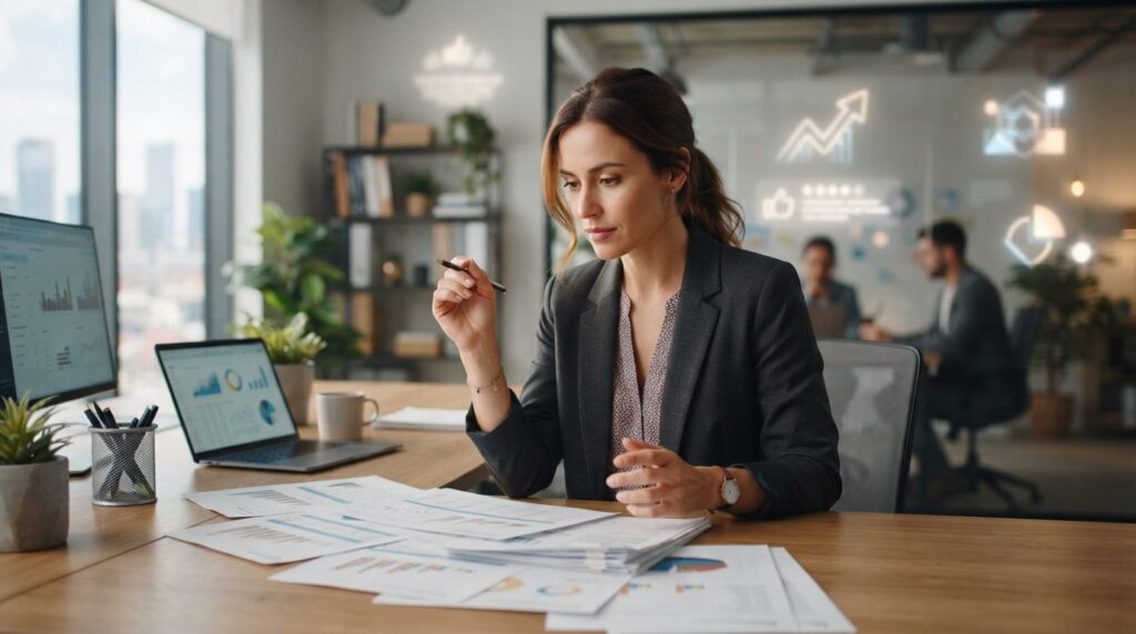 Young entrepreneur woman reviewing business documents and fi