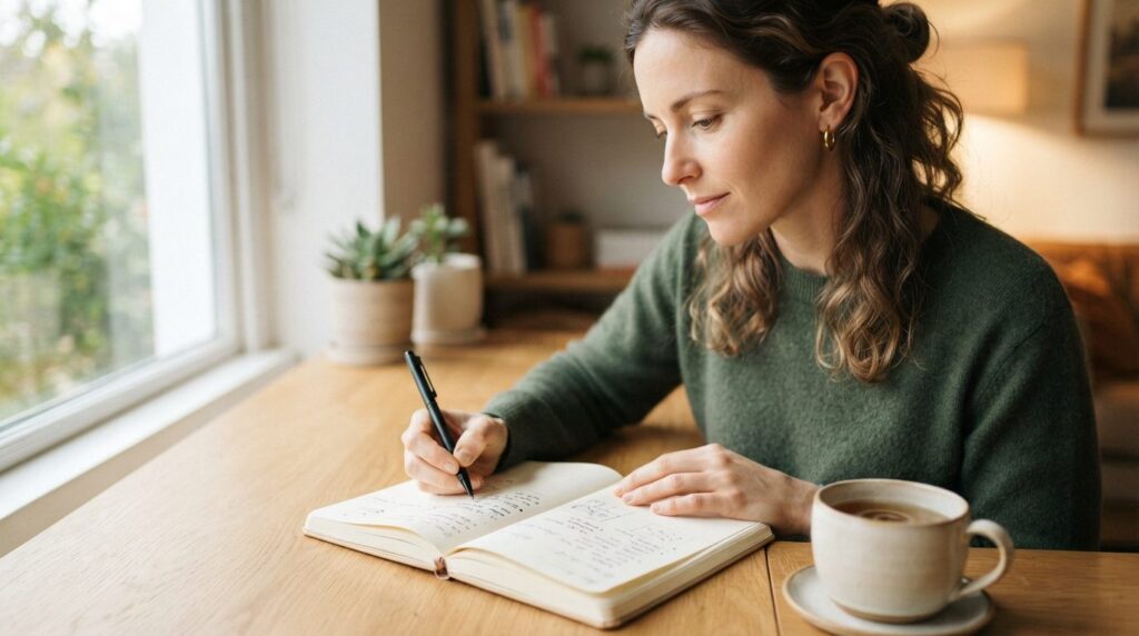 Close-up photograph of a person writing in a journal or taki