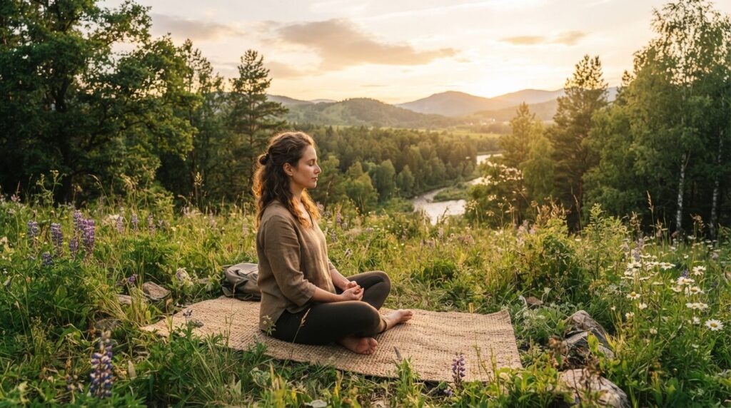 Wide shot of a woman meditating or in a moment of calm refle