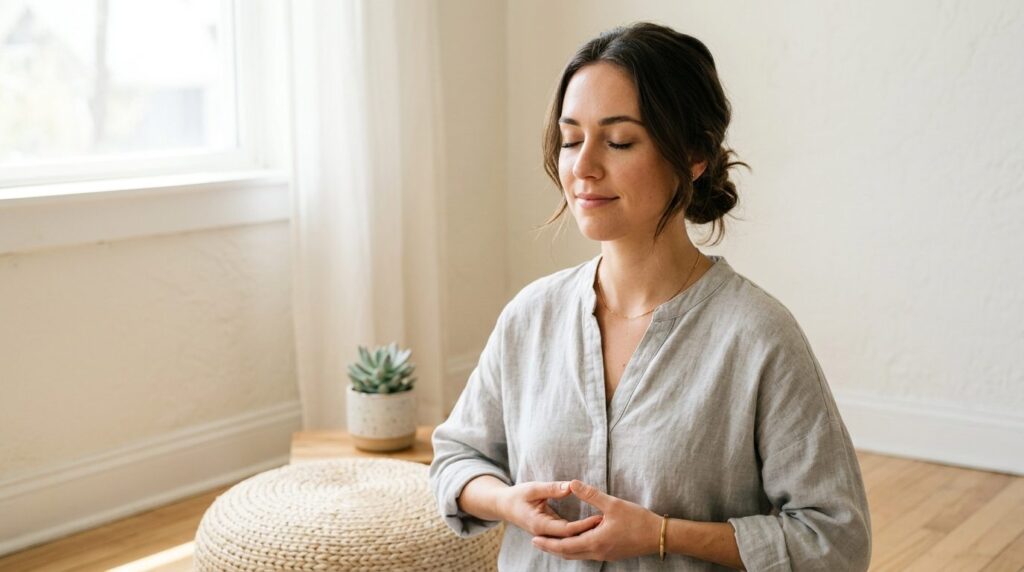Close-up photorealistic portrait of a calm woman meditating