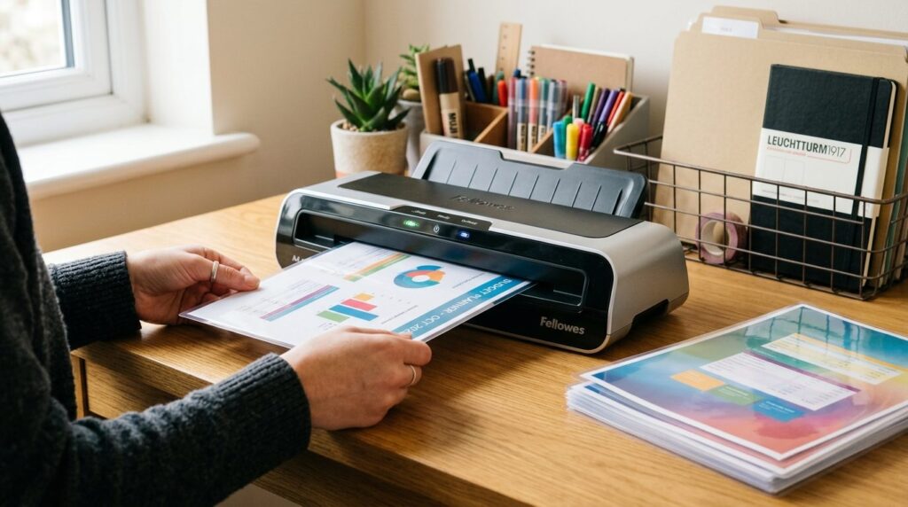 Close-up detail shot of hands operating a sleek laminating m