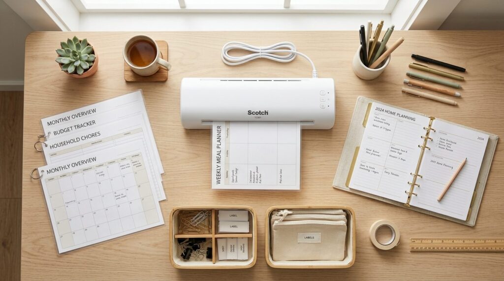 Overhead flat lay of an organized home planning station feat