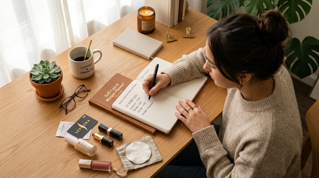Overhead shot of a young professional person writing budget 