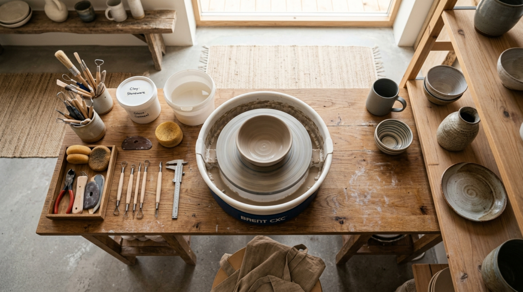 Serene overhead view of a potters workspace featuring a pro