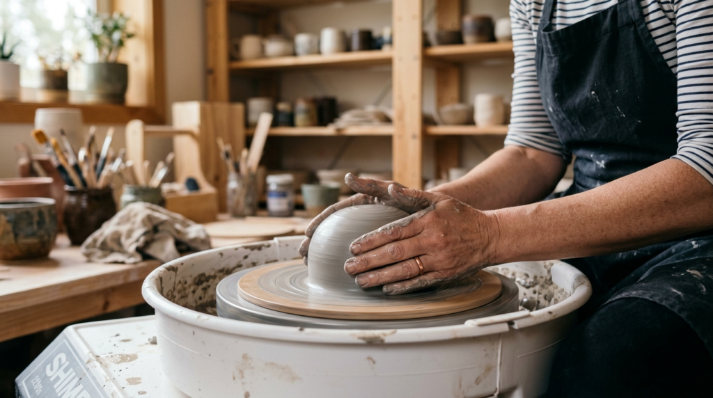 Peaceful moment of a ceramic artists hands demonstrating cl