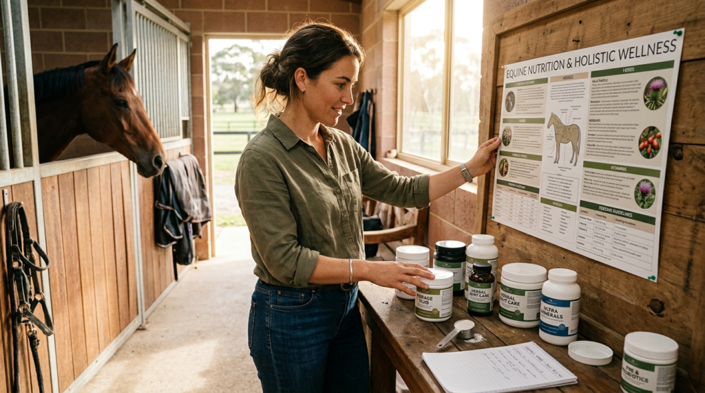 Mindful equestrian owner in natural clothing examining horse