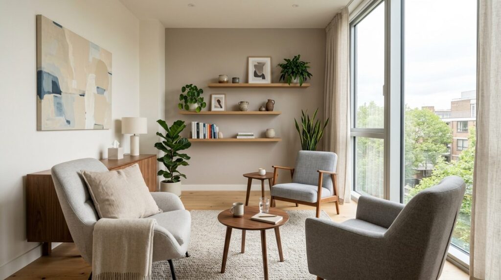 Modern therapists office interior with comfortable seating,