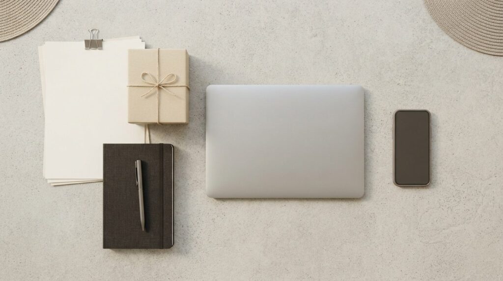 Overhead flat lay photograph of a digital nomads travel ess
