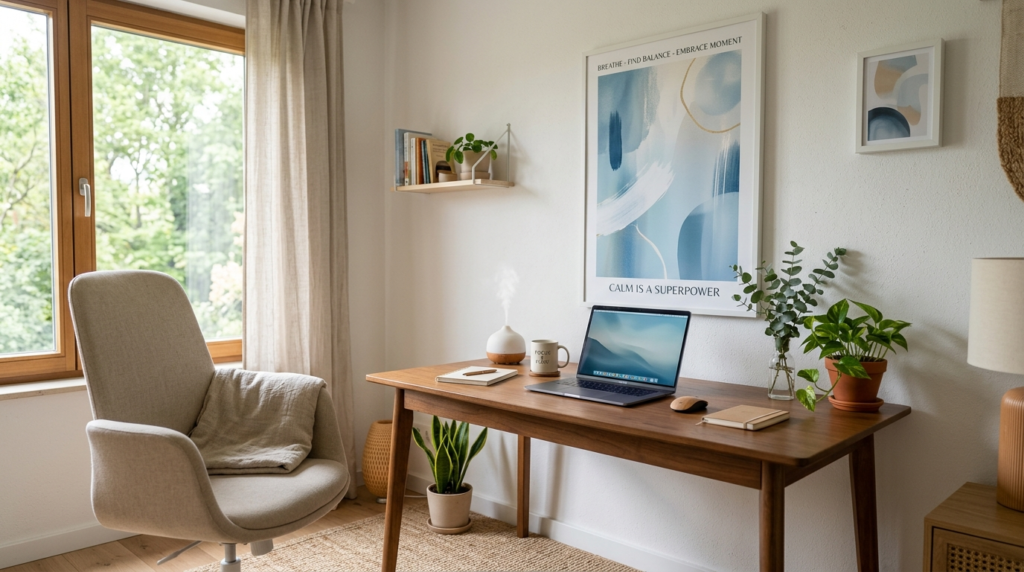 Modern home office corner with a large motivational abstract
