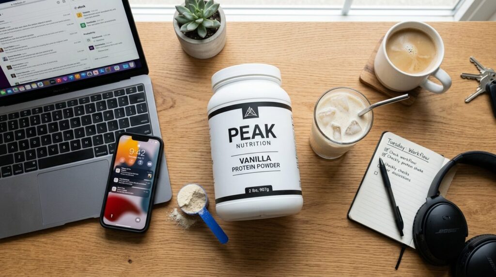 Flat lay photography of protein powder supplement container,