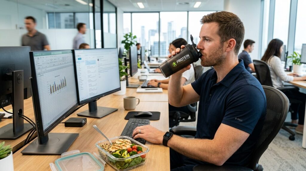 Active professional man during lunch break in office, quickl