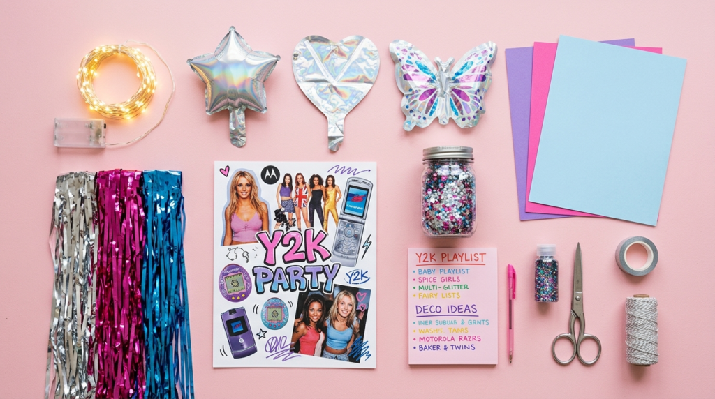Flat-lay overhead shot of budget-friendly Y2K party decorati