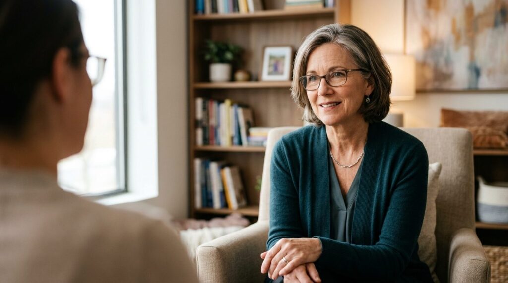 Close-up portrait of a mature female psychotherapist with a 