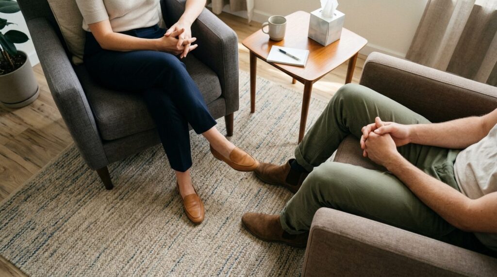 Overhead shot of two people sitting in comfortable chairs du