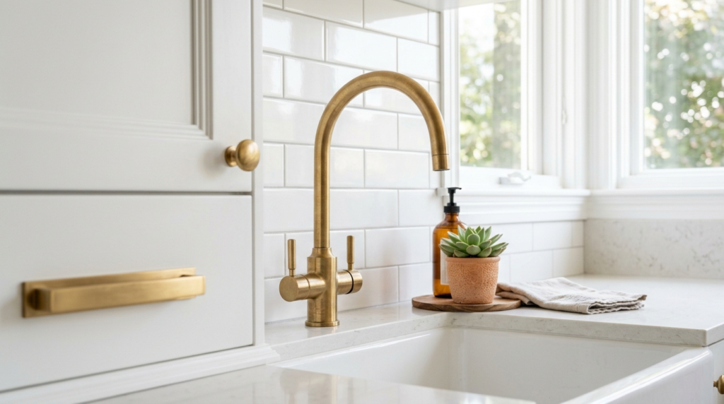 Close-up detail shot of upgraded kitchen elements: brushed g