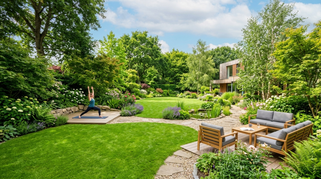 Photorealistic wide landscape shot of a serene residential g