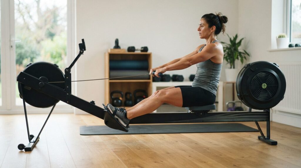Side-view fitness photograph of person at complete rowing ma