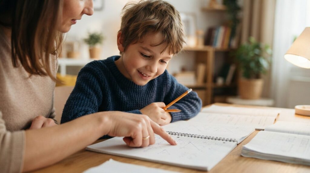 Close-up of a parents hand gently pointing at a math proble