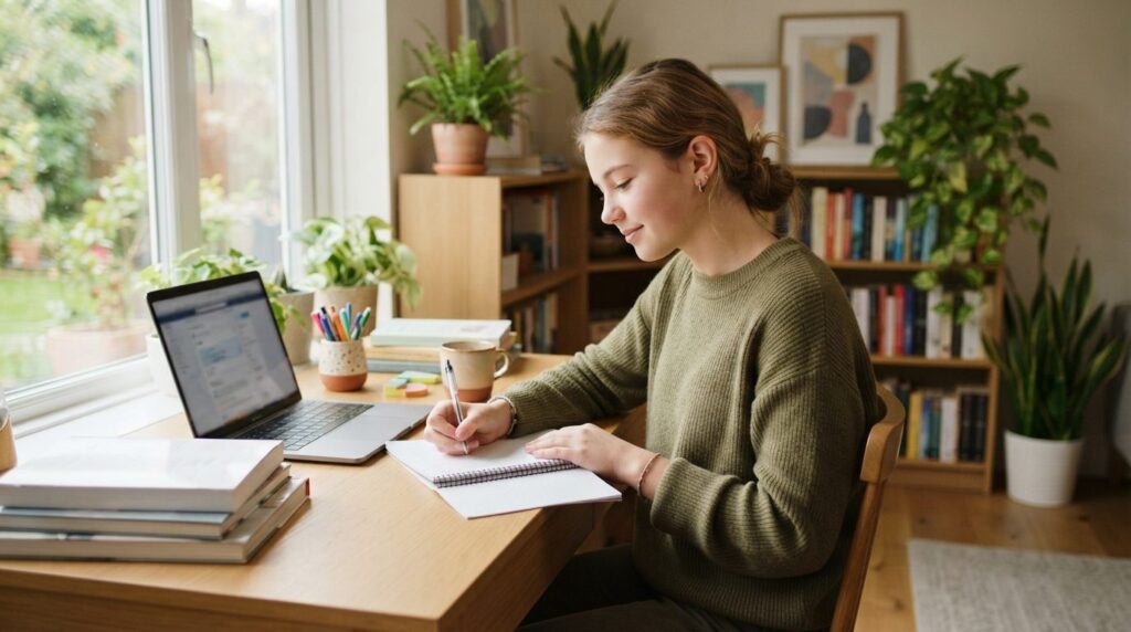 A relaxed home study space with a teenager sitting at a desk