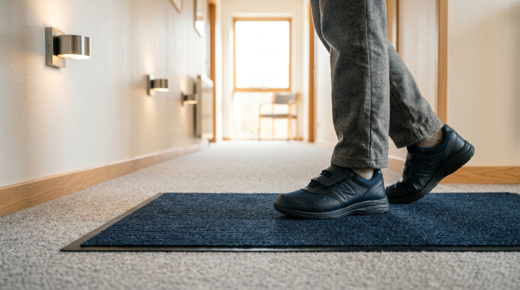 Close-up photorealistic detail shot of a carpeted hallway wi
