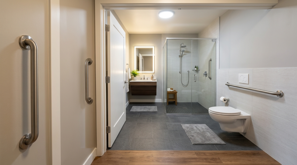 Photorealistic overhead view of a residential bathroom entra