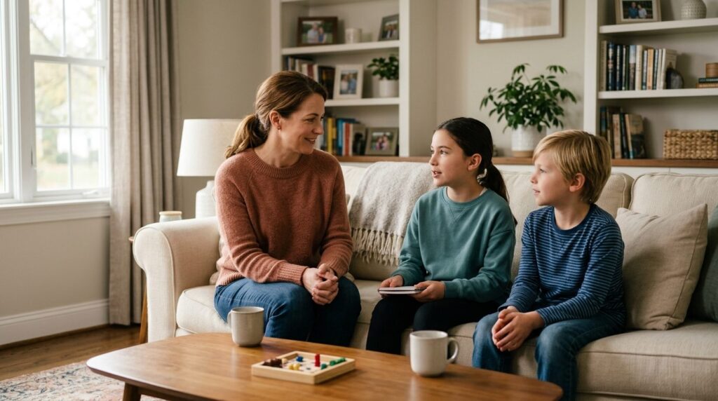 Photorealistic image of a protective parent sitting with two