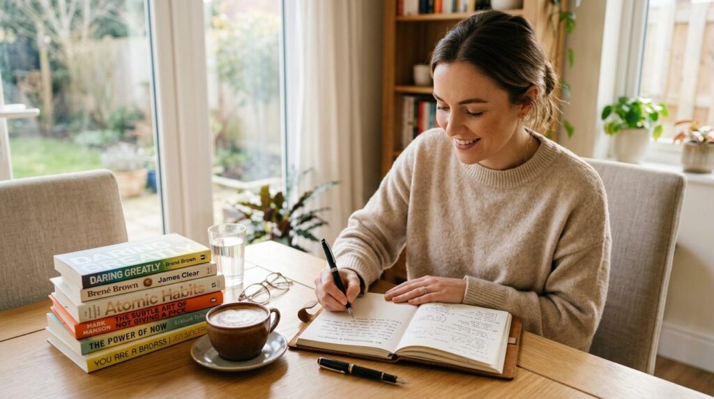 Photorealistic image of a person writing in a journal or tak