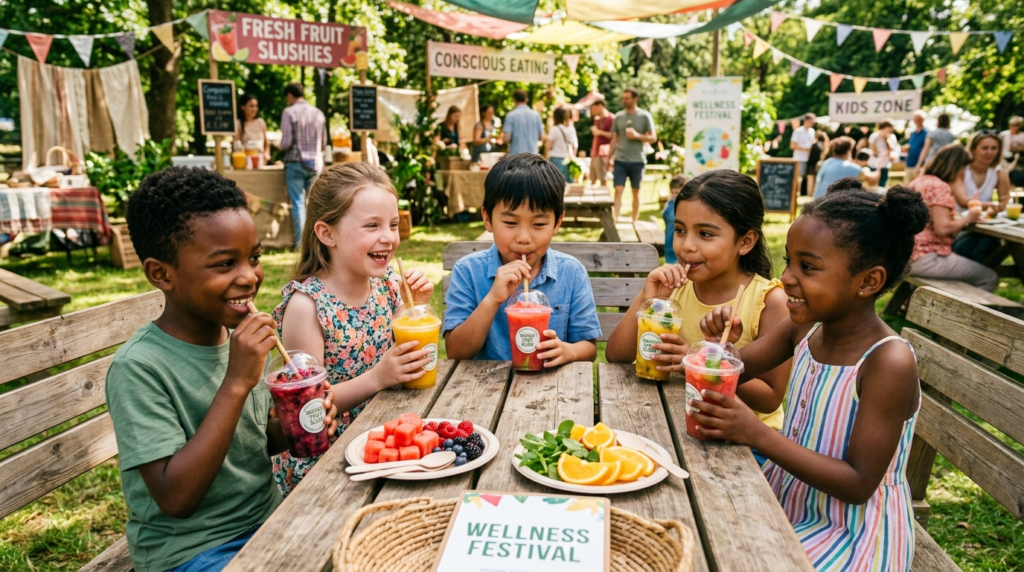 Overhead view of diverse children enjoying healthy fruit-bas